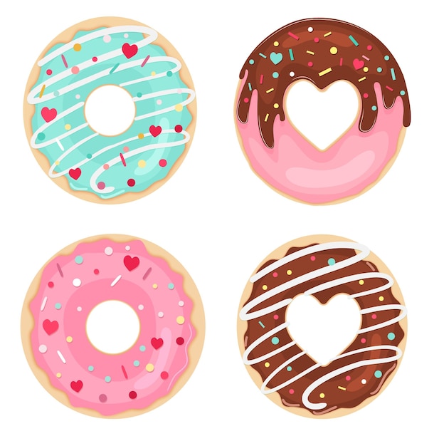 Conjunto vectorial de donuts de chocolate glaseado y chispas vista superior donuts de san valentín