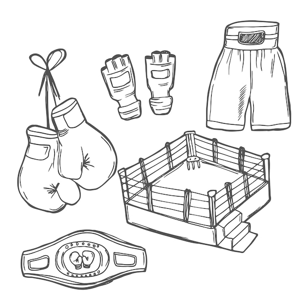 Vector conjunto vectorial de doodle equipos y objetos deportivos de boxeo como guantes de combate para el maletero del tanque