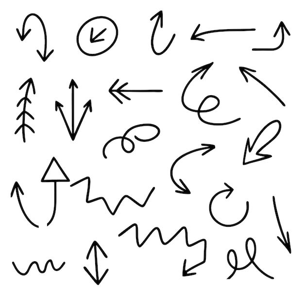 Conjunto vectorial de Doodle de flecha dibujado a mano para elementos de diseño