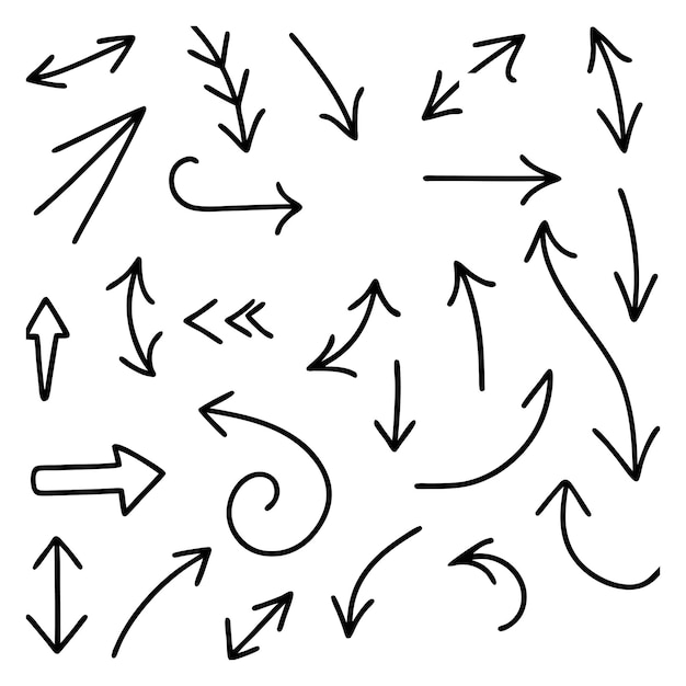 Conjunto vectorial de Doodle de flecha dibujado a mano para elementos de diseño