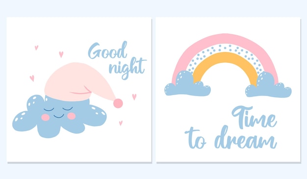 Conjunto vectorial de dos tarjetas nocturnas. Postales con lindos personajes arcoíris y nubes. Postales de buenas noches. ilustración vectorial