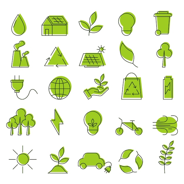 Conjunto vectorial de ecoiconos verdes planos lineales editables sobre un fondo blanco