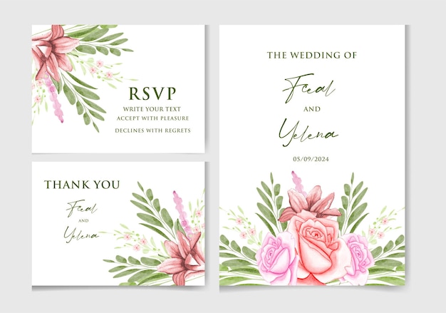 Conjunto vectorial editable de hermosas tarjetas de invitación de acuarela de bodas florales y botánicas con