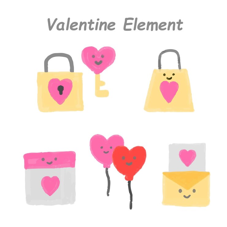 El conjunto vectorial del elemento Valentine Kawaii Stiker dibujado a mano.
