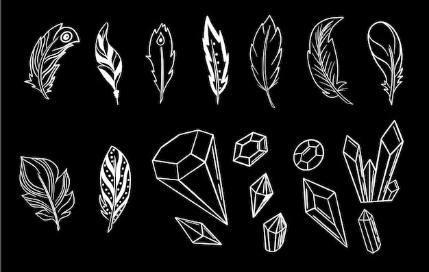 Conjunto vectorial de elementos boho dibujados a mano conjunto de elementos ornamentales de estilo boho flechas plumas piedras cristales