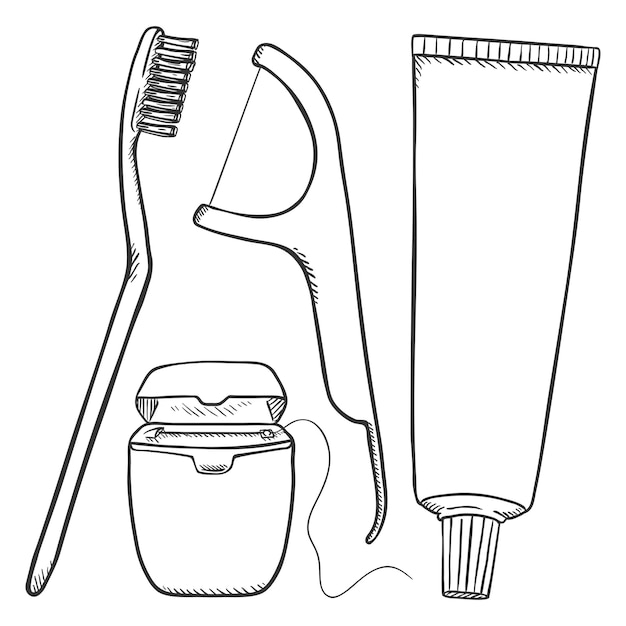 Vector conjunto vectorial de elementos de cepillado de dientes de boceto negro cepillo de dientes dentífrico de hilo dental