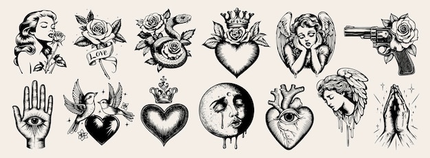 Conjunto vectorial de elementos de la colección de arte flash de tatuaje vintage