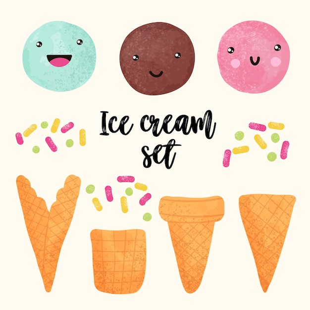 Conjunto vectorial de elementos de diseño de conos de helado y gofres