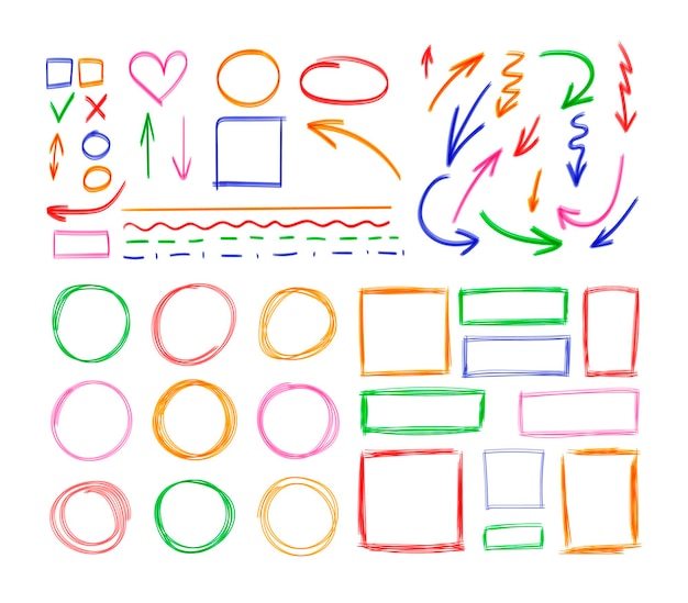 Conjunto vectorial de elementos de diseño dibujados a mano Dibujos de resaltado Bocetos de marcadores coloridos aislados en el fondo blanco