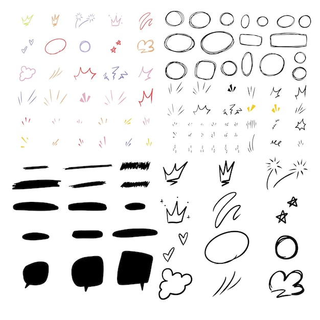 Conjunto vectorial de elementos de diseño de efectos de trazo de línea de garabato de expresión caricaturesca linda dibujada a mano