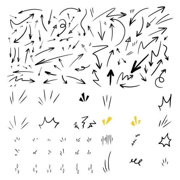 Conjunto vectorial de elementos de diseño de efectos de trazo de línea de garabato de expresión caricaturesca linda dibujada a mano