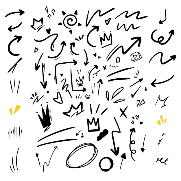 Conjunto vectorial de elementos de diseño de efectos de trazo de línea de garabato de expresión caricaturesca linda dibujada a mano