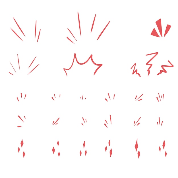 Conjunto vectorial de elementos de diseño de efectos de trazo de línea de garabato de expresión caricaturesca linda dibujada a mano