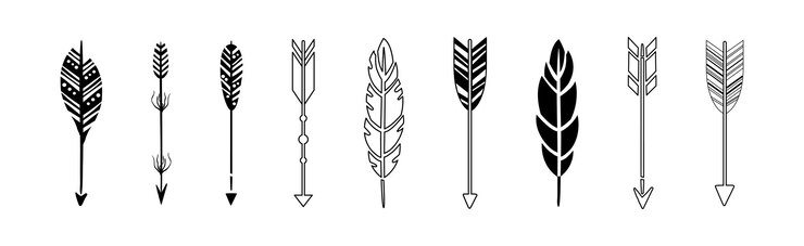 Vector conjunto vectorial de elementos de diseño de silueta de flecha negra con pluma