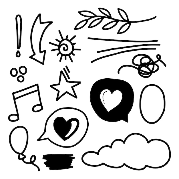 Conjunto vectorial de elementos Doodle, para el diseño conceptual. amor, copas, música, globos, nubes, flecha estrella