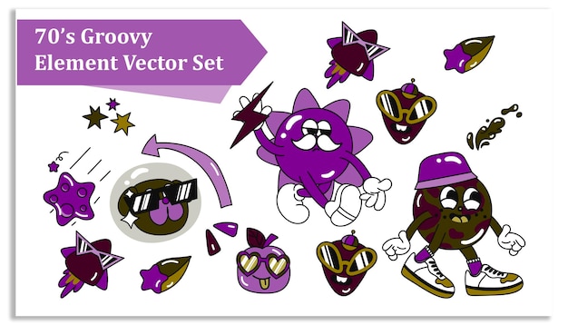 Conjunto vectorial de elementos groovy de los años 70