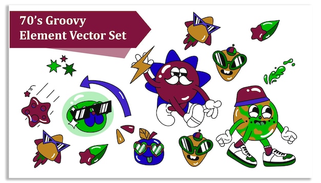 Conjunto vectorial de elementos groovy de los años 70