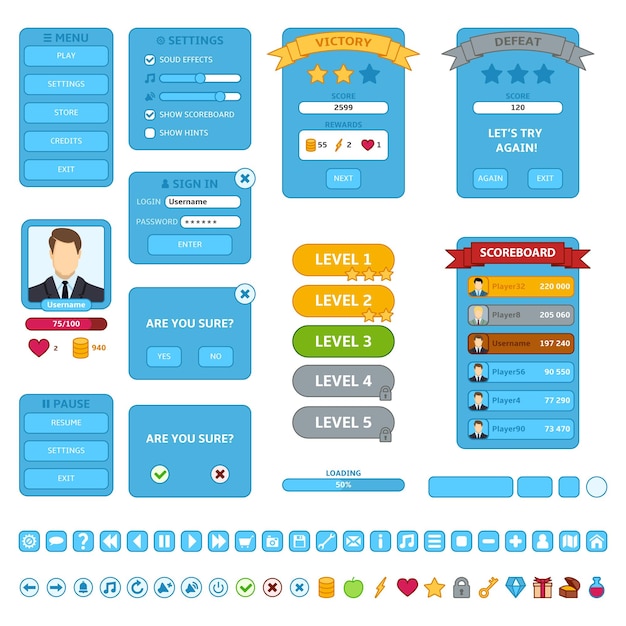 Conjunto vectorial de elementos de interfaz de usuario para juegos móviles