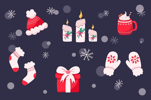 Conjunto vectorial de elementos de invierno en estilo de dibujos animados ropa de invierno velas taza de crema de cacao regalo