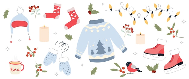 Conjunto vectorial de elementos de invierno, suéter, patines, sombrero, velas, regalo, ceniza de montaña, camachuelo, mitones