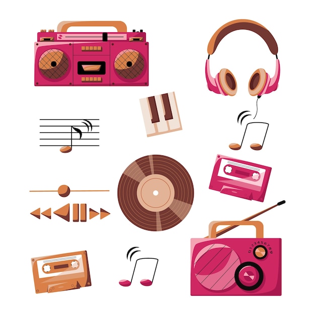 Conjunto vectorial de elementos musicales dibujados en estilo plano ilustración musical vintage en colores de moda