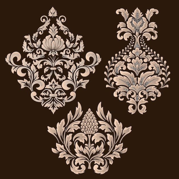 Conjunto vectorial de elementos ornamentales de damasco Elementos abstractos florales elegantes para el diseño Perfecto para tarjetas de invitación, etc.