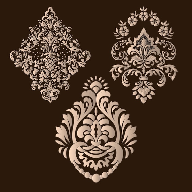 Conjunto vectorial de elementos ornamentales de damasco Elementos abstractos florales elegantes para el diseño Perfecto para tarjetas de invitación, etc.