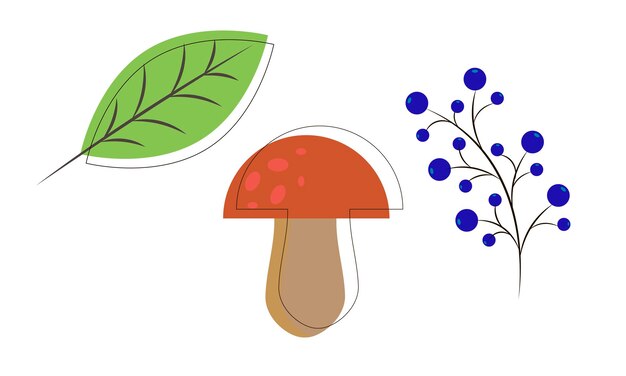 Conjunto vectorial de elementos que consisten en un hongo, una hoja y una ramita de bayas Puede usarse en vari