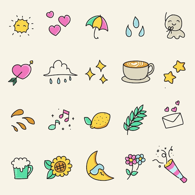 Conjunto vectorial de elementos de verano dibujados a mano para su diseño