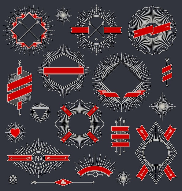 Conjunto vectorial de emblema de diseño de línea, letrero y etiquetas con cinta y rayos de sol