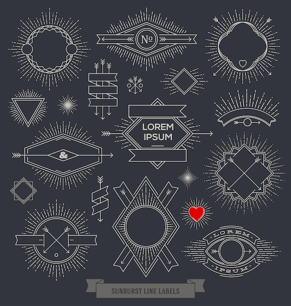 Conjunto vectorial de emblema de diseño de línea, letrero y etiquetas hipster con rayos de sol