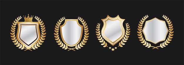 Conjunto vectorial de emblema dorado y corona de laurel para marca premium