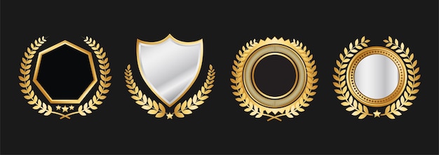 Conjunto vectorial de emblema dorado y corona de laurel para marca premium