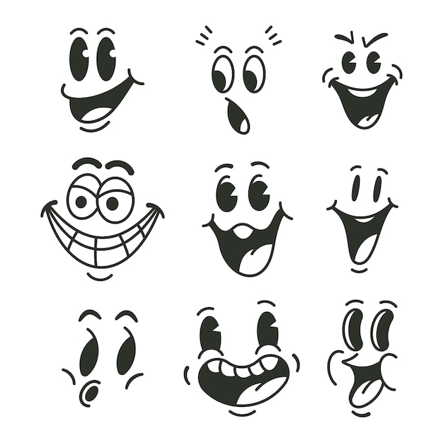 El conjunto vectorial de emociones faciales de dibujos animados antiguos aislados sobre un fondo blanco