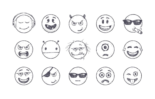 Conjunto vectorial de emoji Conjunto de emoticones dibujados a mano Iconos de sonrisa Ilustración vectorial