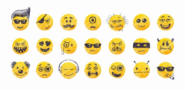 Conjunto vectorial de emoji Conjunto de emoticones dibujados a mano Iconos de sonrisa Ilustración vectorial