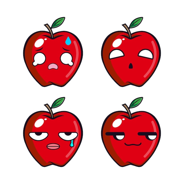 Conjunto vectorial de emojis de frutas de manzana bonitos aislados sobre un fondo blanco Kawaii dibujos animados de manzanas sonrientes