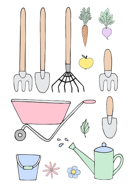 Conjunto vectorial de equipo de jardinería pastel