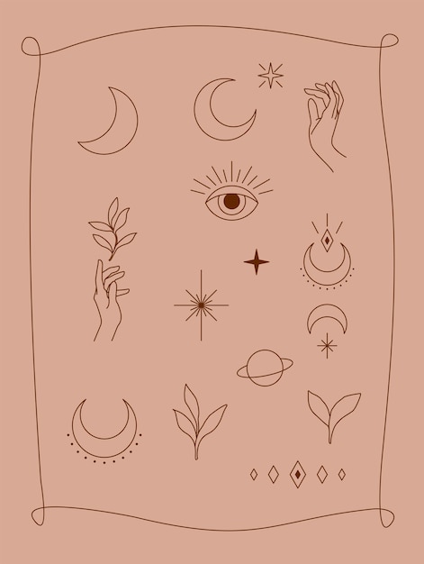 Conjunto vectorial esotérico de manos y plantas de la luna estelar Meditación clipart Colección Bali
