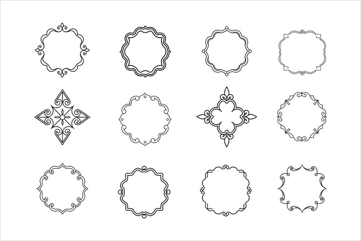 Conjunto vectorial de esquina ovalada floral victoriana y marcos redondos