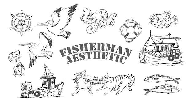 Conjunto vectorial estético de pescadores con ilustraciones náuticas y de vida marina dibujadas a mano
