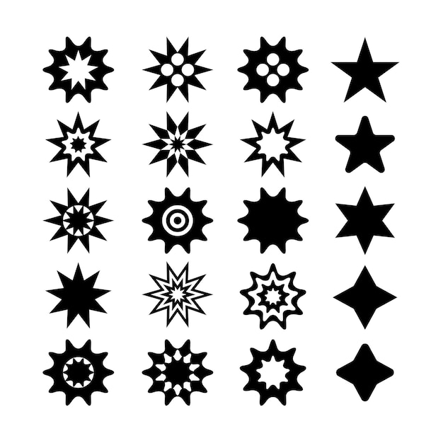 Conjunto vectorial de estrellas y adornos gráficos futuristas retro y starburst para decoración