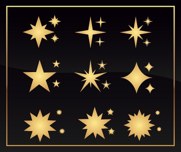 Vector conjunto vectorial de estrellas doradas sobre fondo negro