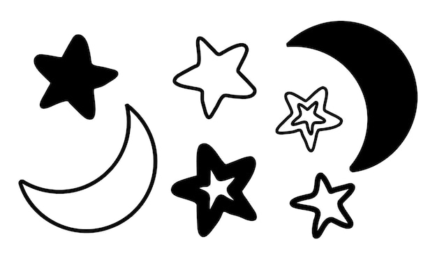 Conjunto vectorial con estrellas y luna creciente Ilustración dibujada a mano en estilo garabato para icono o logotipo Dibujo de siluetas negras sobre fondo blanco aislado