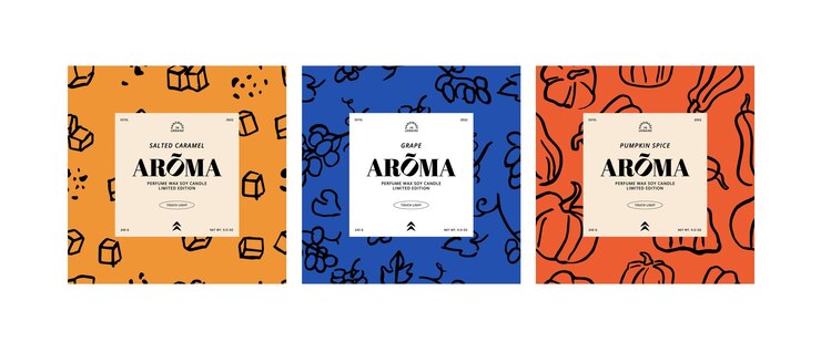 Conjunto vectorial de etiqueta de diseño de plantilla para paquete de velas Diseño moderno con ilustraciones de tinta Patrón sin costuras