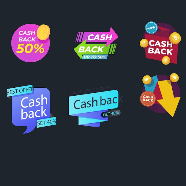 Conjunto vectorial con etiquetas de devolución de dinero Colección de íconos de develación de dinero de negocios Devolución de dinero de compras