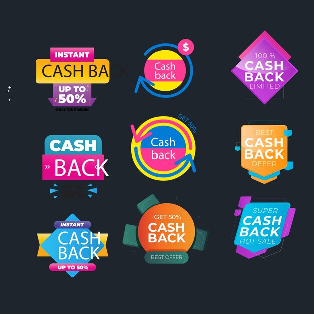Conjunto vectorial con etiquetas de devolución de dinero Colección de íconos de develación de dinero de negocios Devolución de dinero de compras