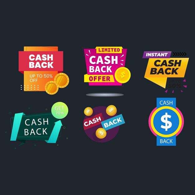 Conjunto vectorial con etiquetas de devolución de dinero Colección de íconos de develación de dinero de negocios Devolución de dinero de compras
