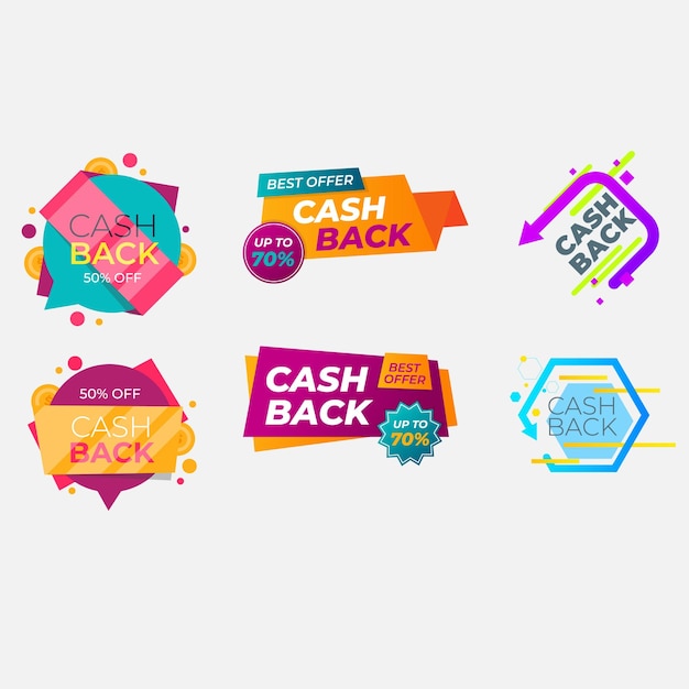 Conjunto vectorial con etiquetas de devolución de dinero Colección de íconos de develación de dinero de negocios Devolución de dinero de compras
