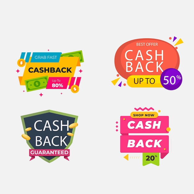Conjunto vectorial con etiquetas de devolución de dinero Colección de íconos de develación de dinero de negocios Devolución de dinero de compras
